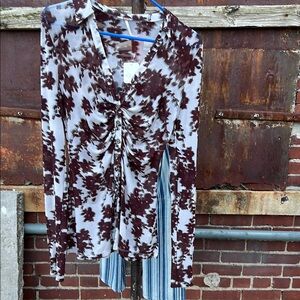 Free People Brown and White Ruched V Neck Blouse
